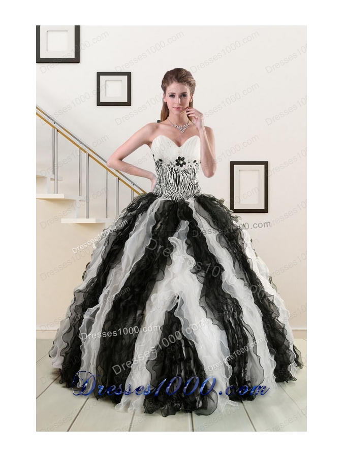 2015 Exclusive Black and White Quinceanera Dresses with Zebra and Ruffles