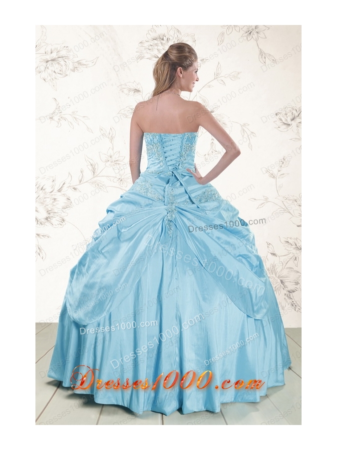 2015 Fashionable Aqua Blue Strapless Sweet 15 Dress with Appliques