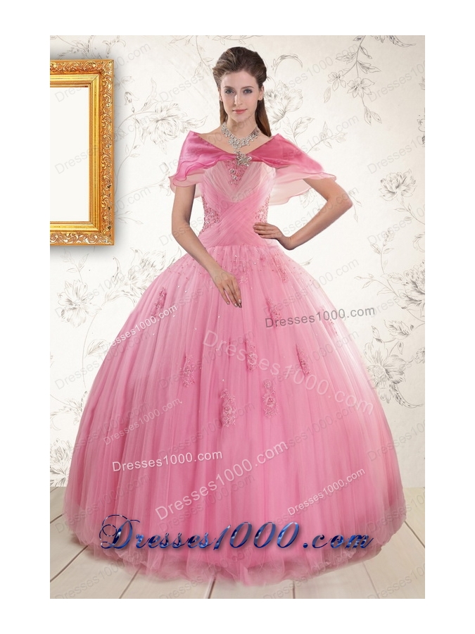2015 Pretty Pink Quinceaneras Dresses with Appliques and Beading