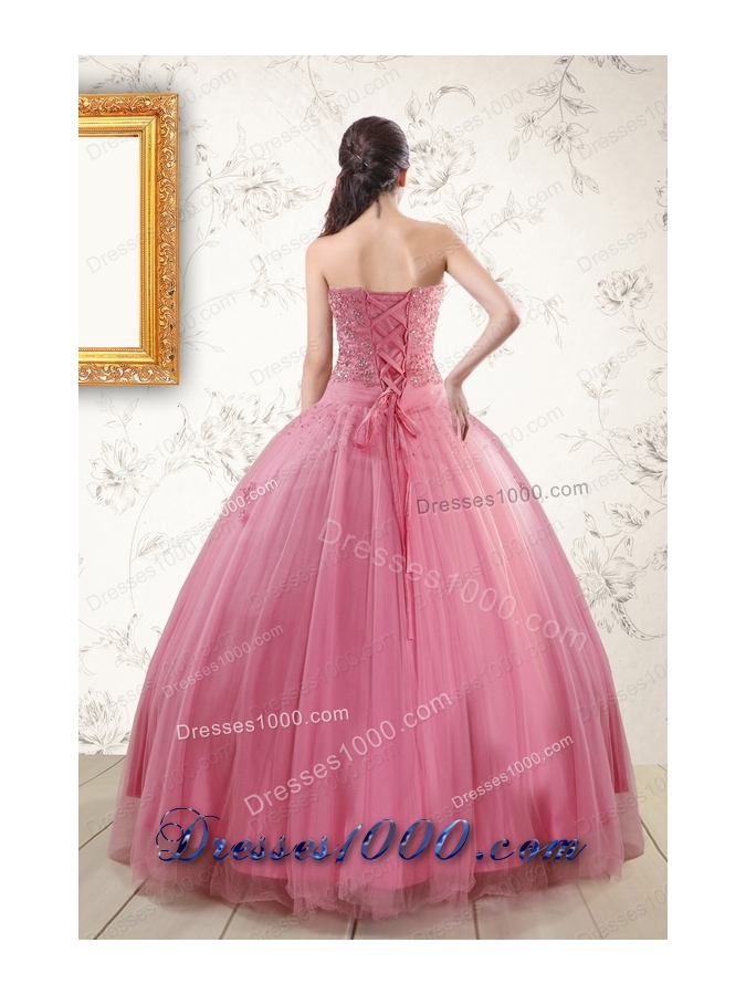 2015 Pretty Pink Quinceaneras Dresses with Appliques and Beading