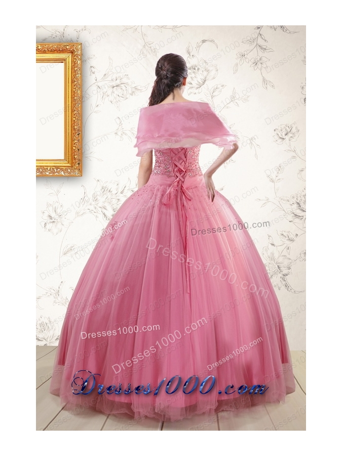 2015 Pretty Pink Quinceaneras Dresses with Appliques and Beading