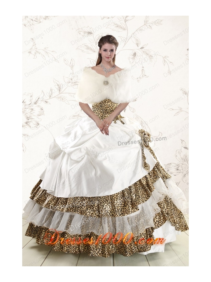 2015 Unique  Strapless Leopard Quinceanera Dresses with Hand Made Flower