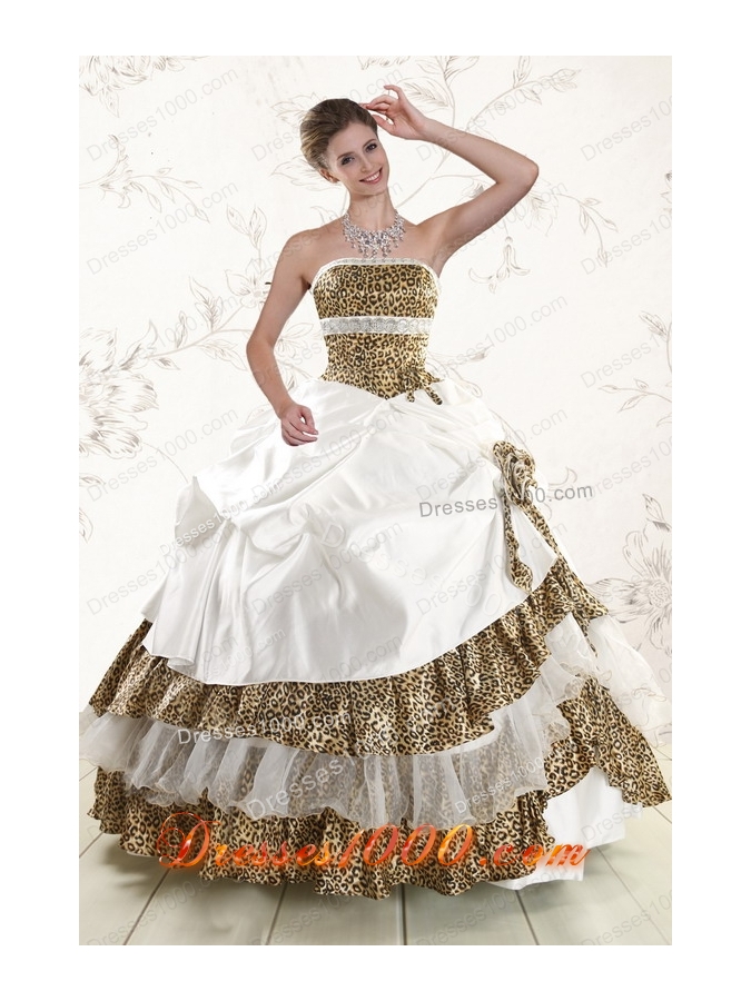 2015 Unique  Strapless Leopard Quinceanera Dresses with Hand Made Flower
