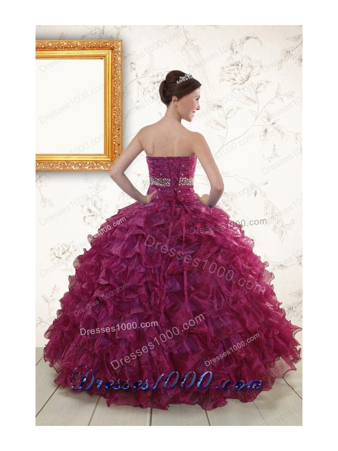 Cheap Burgundy Quinceanera Gown with Beading and Ruffles