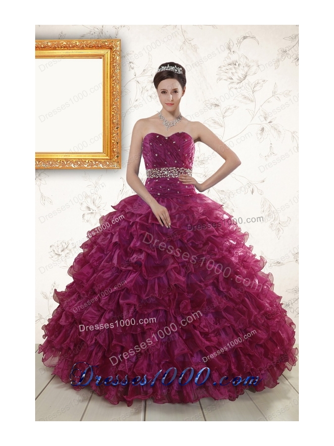 Cheap Burgundy Quinceanera Gown with Beading and Ruffles