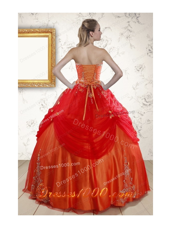 Cheap Strapless Appliques Sweet 16 Dresses in Orange Red