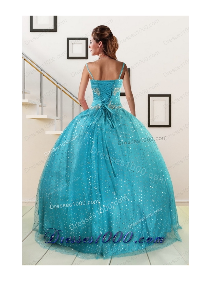 Elegant Spaghetti Straps Appliques Sequins Turquoise Quinceanera Dresses for 2015