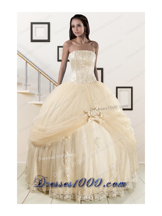 Fashionable Appliques 2015 Champagne Quinceanera Dress with Wraps