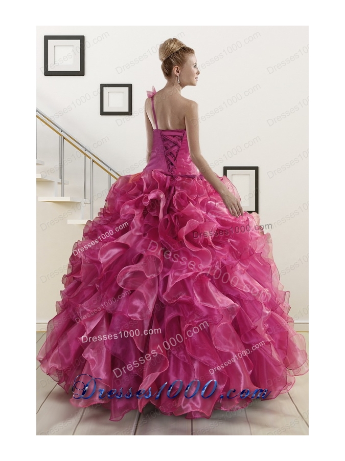 In Stock Beading One Shoulder Sweet 16 Dresses in Fuchsia