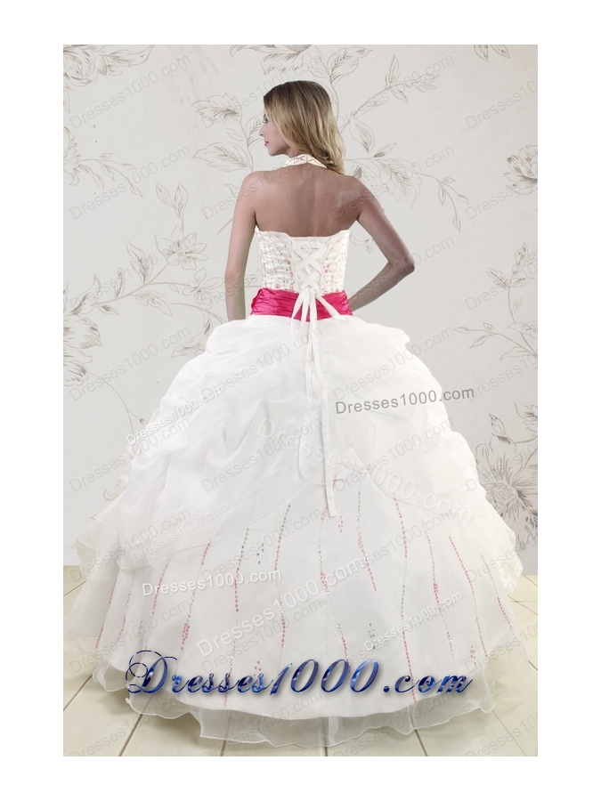 In Stock Halter Belt Beading White 2015 Quinceanera Dresses