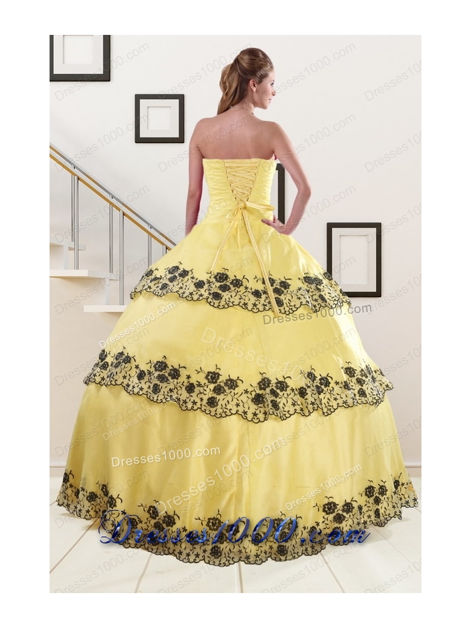 In Stock Light Yellow Quinceanera Dress with Appliques and Ruffled Layers