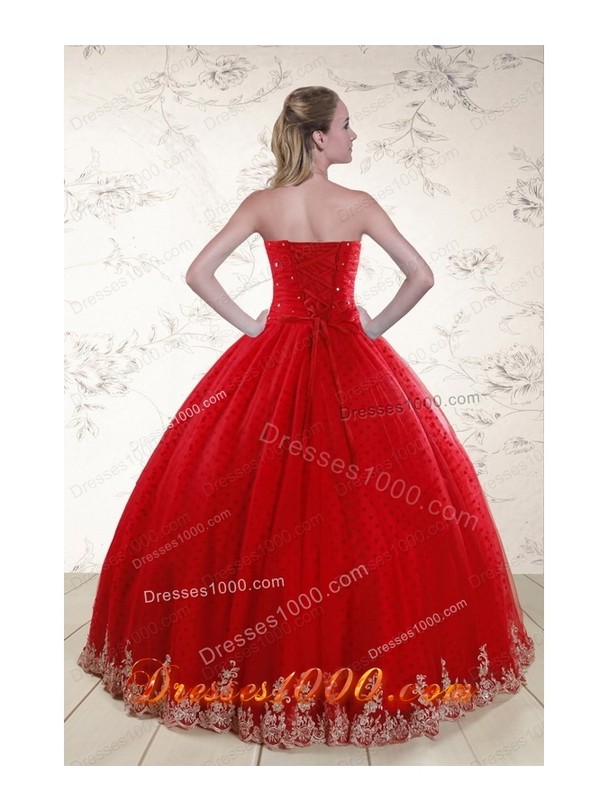 In Stock Red Strapless 2015 Quinceanera Dresses with Appliques