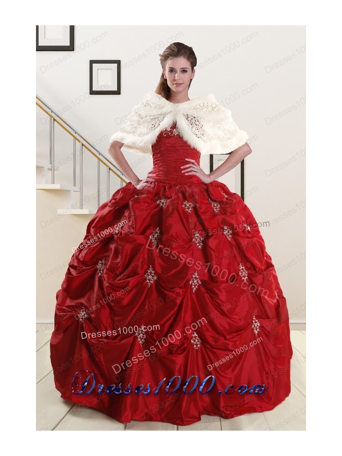 In Stock Strapless Wine Red Appliques Quinceanera Dresses for 2015
