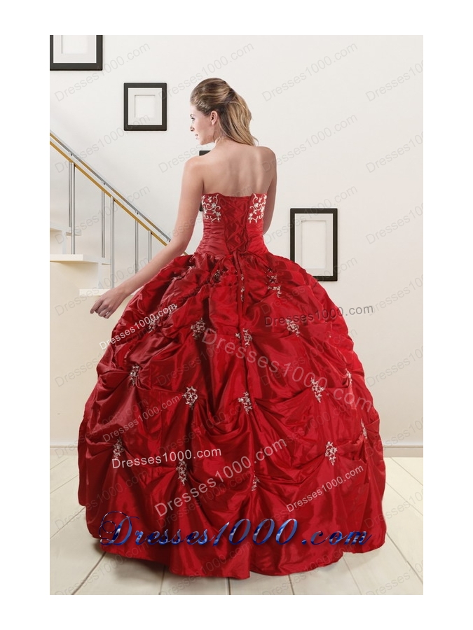 In Stock Strapless Wine Red Appliques Quinceanera Dresses for 2015