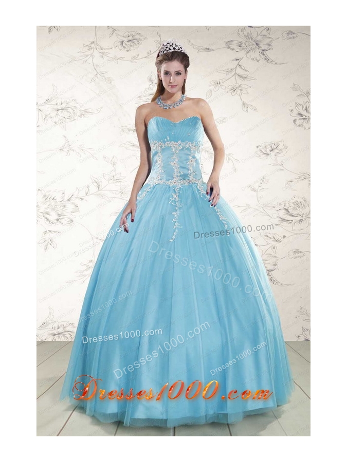 2015 Cheap Aqua Blue Quinceanera Dresses with Beading and Appliques