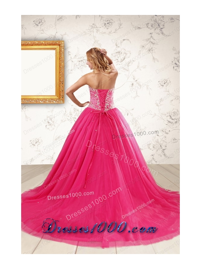 2015 Cheap Hot Pink Quinceanera Dresses with Beading and Appliques