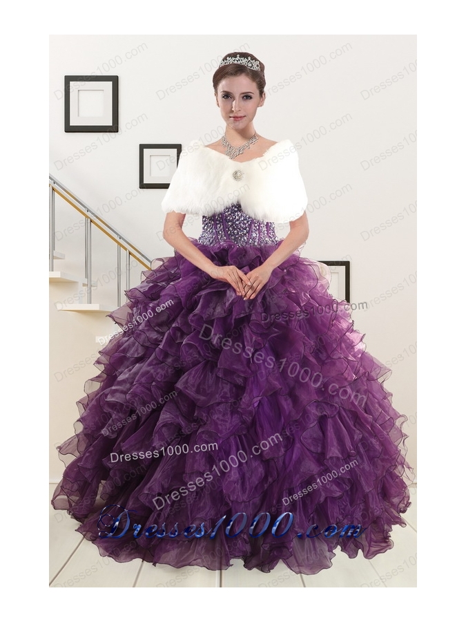 2015 Cheap Purple Quinceanera Dresses with Beading and Ruffles