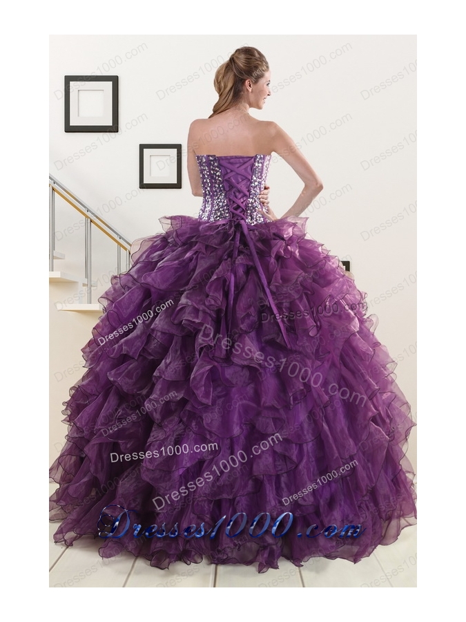 2015 Cheap Purple Quinceanera Dresses with Beading and Ruffles