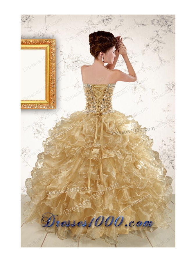 2015 Cheap Ruffles and Beaded Quinceanera Dresses in Champange
