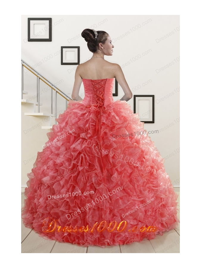 2015 Cheap Watermelon Red Sweet 15 Dress with Beading