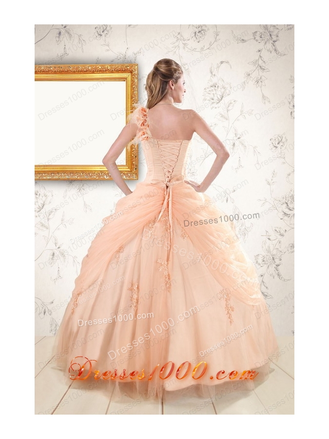 2015 Fashionable One Shoulder Appliques Quinceanera Dress in Peach