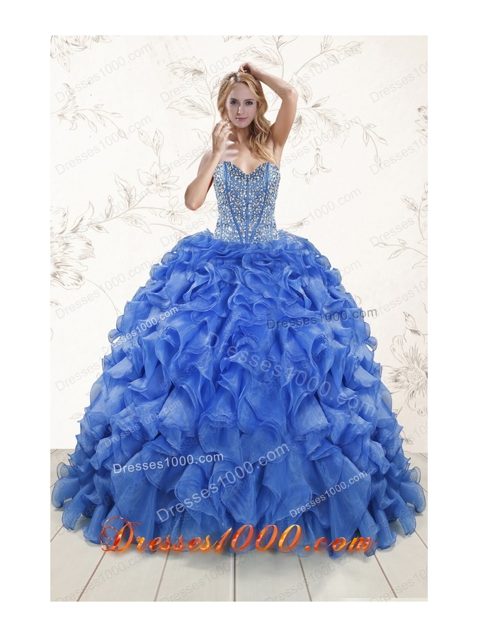 Cheap Beaded Royal Blue Sweet 15 Dresses with Sweep Train