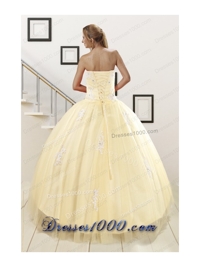 Cheap Light Yellow Sweet 16 Dresses with White Appliques