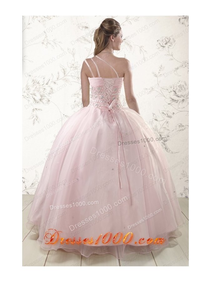 Cheap One Shoulder Beading Light Pink Quinceanera Dresses for 2015