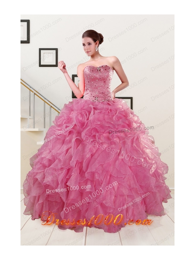 Cheap Puffy Sweetheart Pink Quinceanera Dresses with Beading