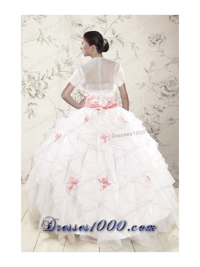 Cheap White Quinceanera Dresses with Pink Appliques and Ruffles