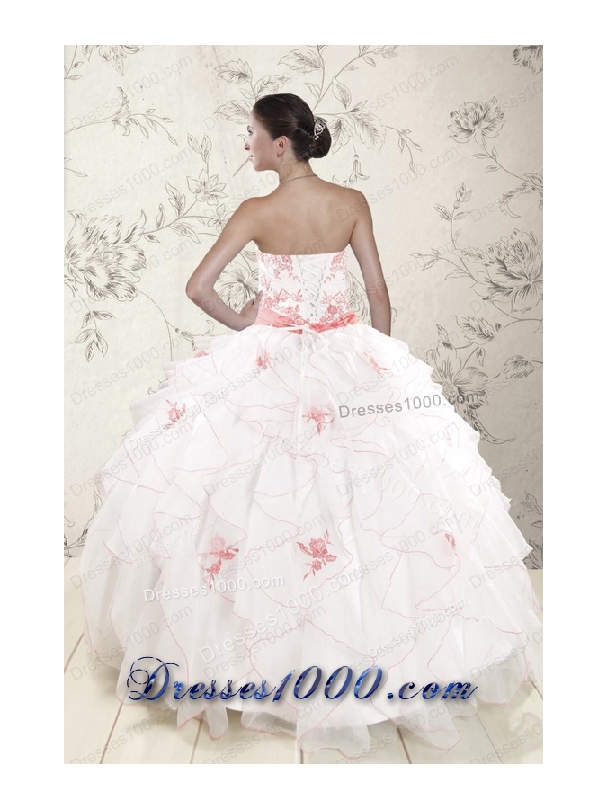 Cheap White Quinceanera Dresses with Pink Appliques and Ruffles