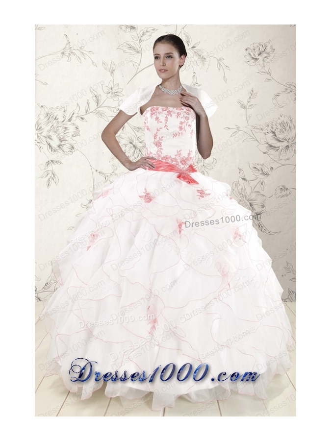 Cheap White Quinceanera Dresses with Pink Appliques and Ruffles