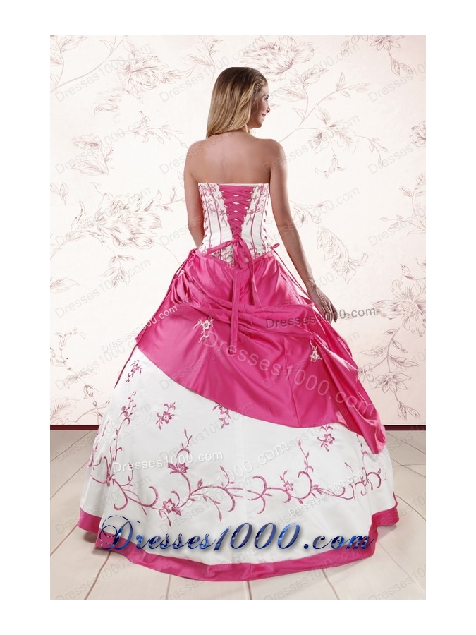 Fashionable Embroidery Sweet 15 Dresses in White and Hot Pink
