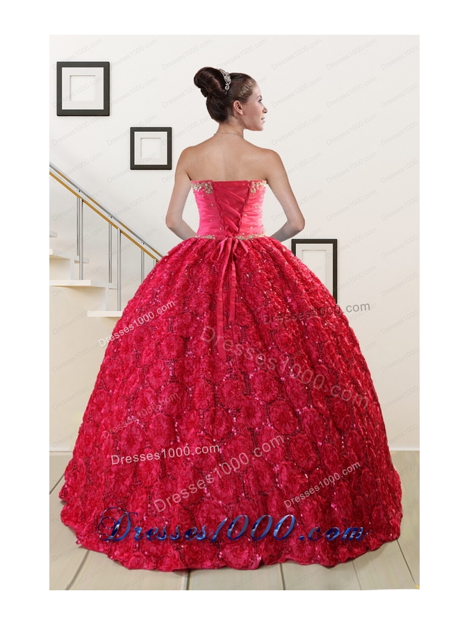 Fashionable Rolling Flower Beading 2015 Quinceanera Dresses in Coral Red