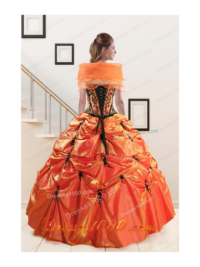 Most Popular Orange Red and Black quinceanera gowns with Appliques