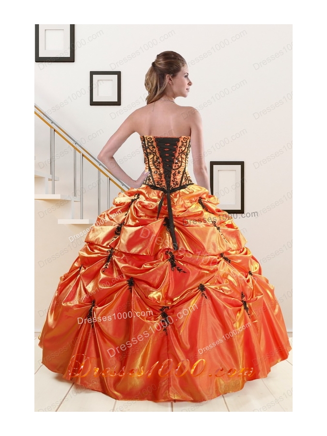 Most Popular Orange Red and Black quinceanera gowns with Appliques
