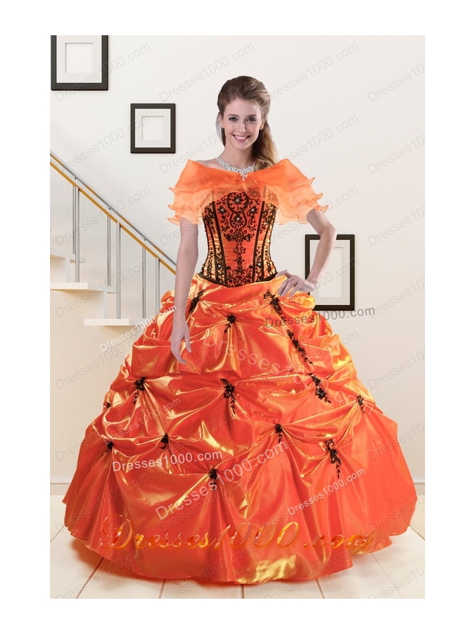 Most Popular Orange Red and Black quinceanera gowns with Appliques