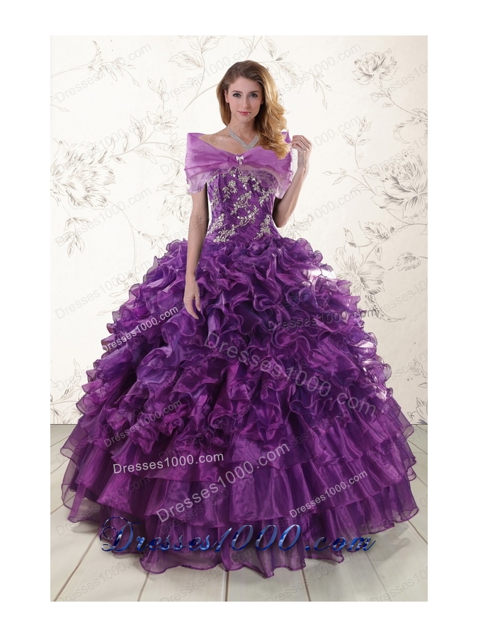 Most Popular Purple Strapless 2015 Quinceanera Gowns with Appliques