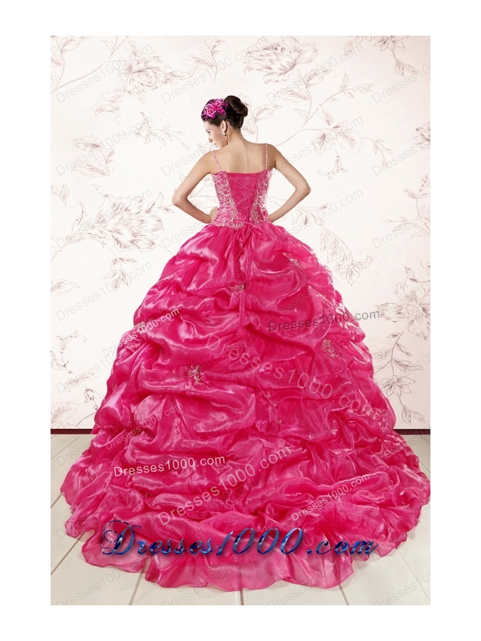 Most Popular Spaghetti Straps Beading Quinceanera Gowns in Hot Pink