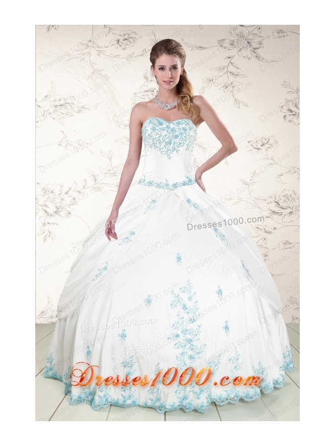 Most Popular Strapless Appliques 2015 quinceanera gowns in White