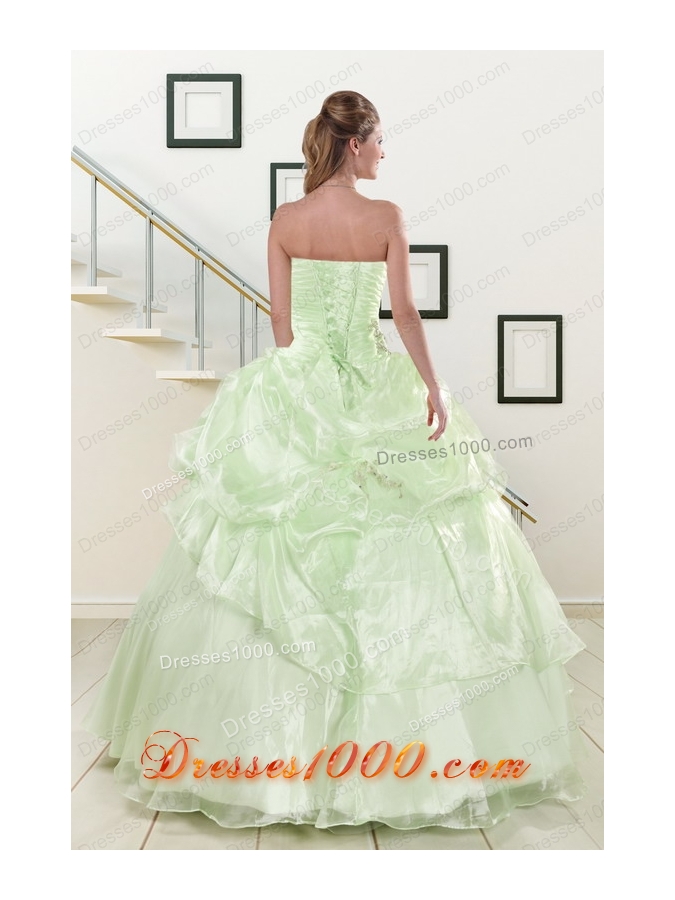 Most Popular Strapless Yellow Green Quinceanera Gowns with Beading