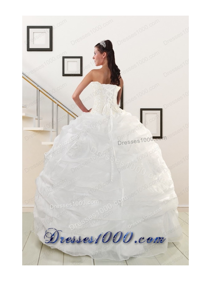 Most Popular White Strapless 2015 Quinceanera gowns with Beading