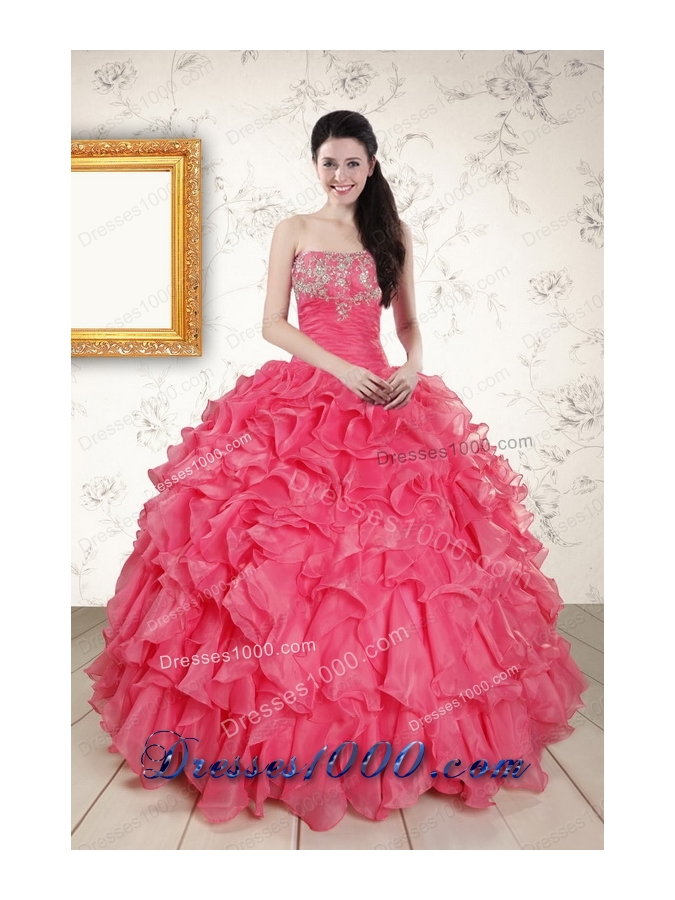 New Style Beading and Ruffles 2015 Hot Pink Quinceanera Dresses with Strapless