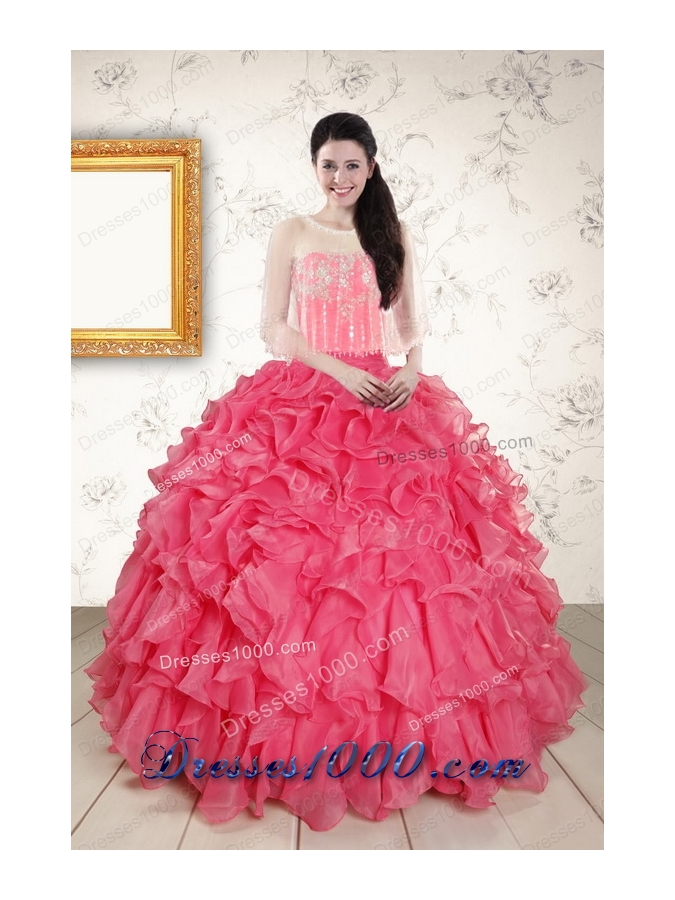 New Style Beading and Ruffles 2015 Hot Pink Quinceanera Dresses with Strapless
