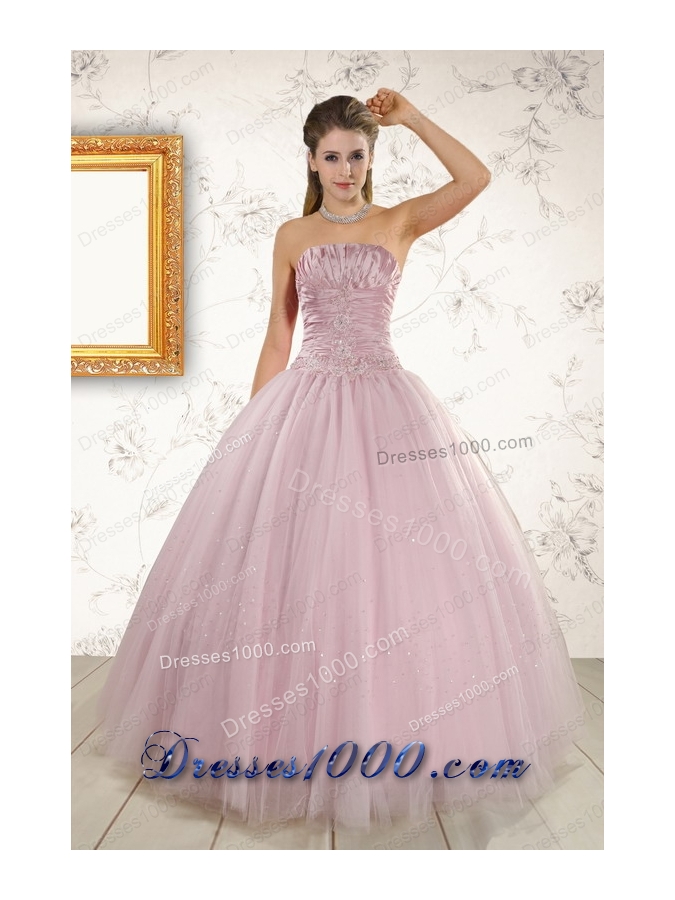 2015 Light Pink Strapless New Style Sweet 16 Dresses with Appliques