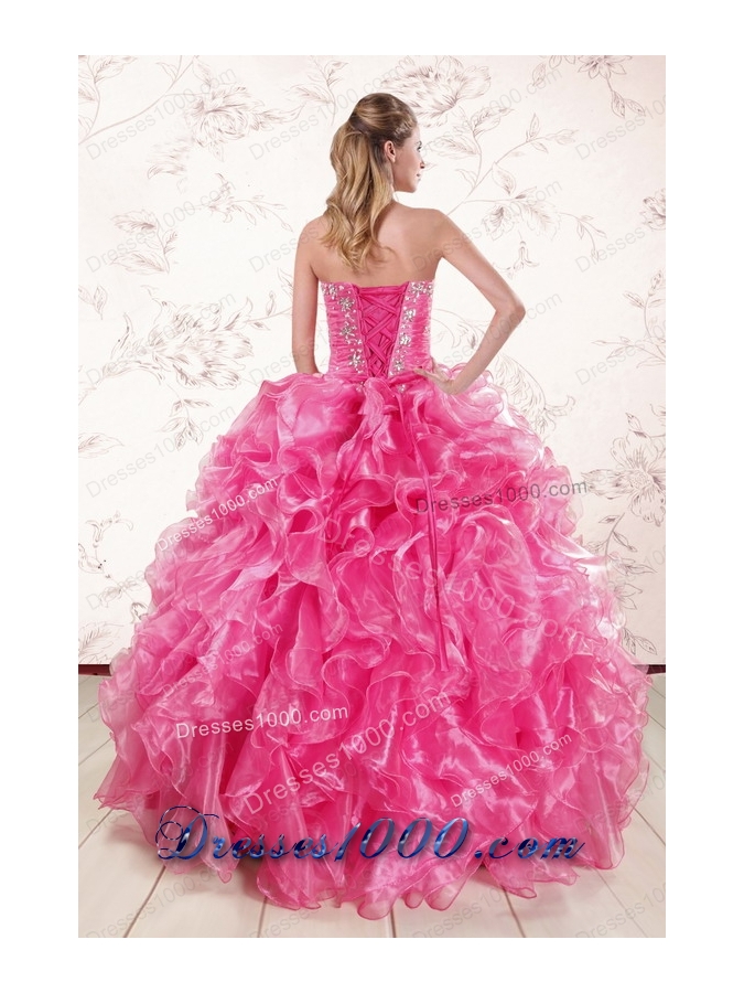 2015 New Style Hot Pink Quinceanera Dresses with Appliques and Ruffles
