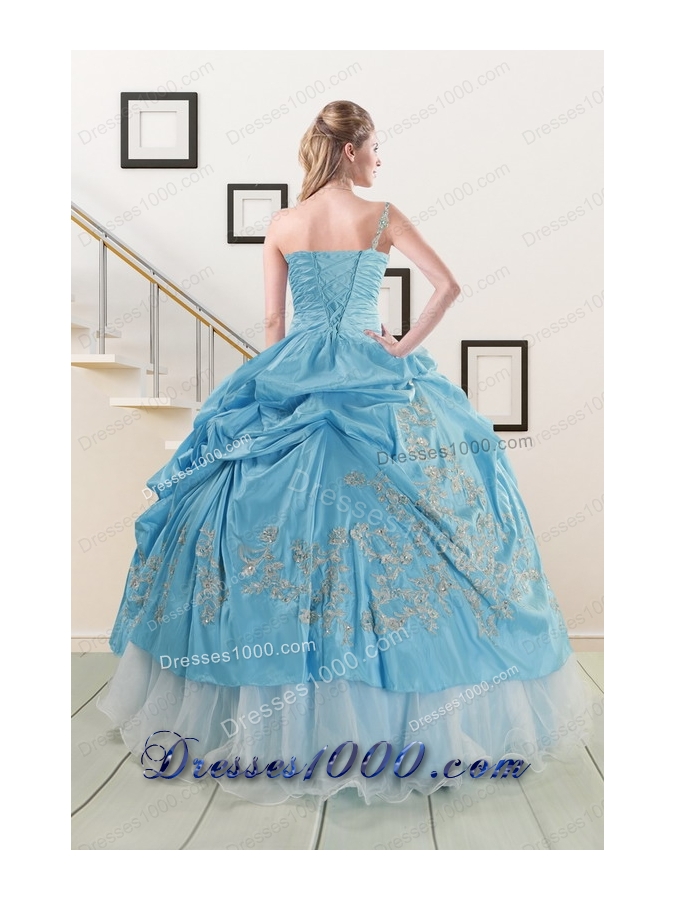 2015 New Style One Shoulder Appliques and Beaded Quinceanera Dresses in Aqua Blue