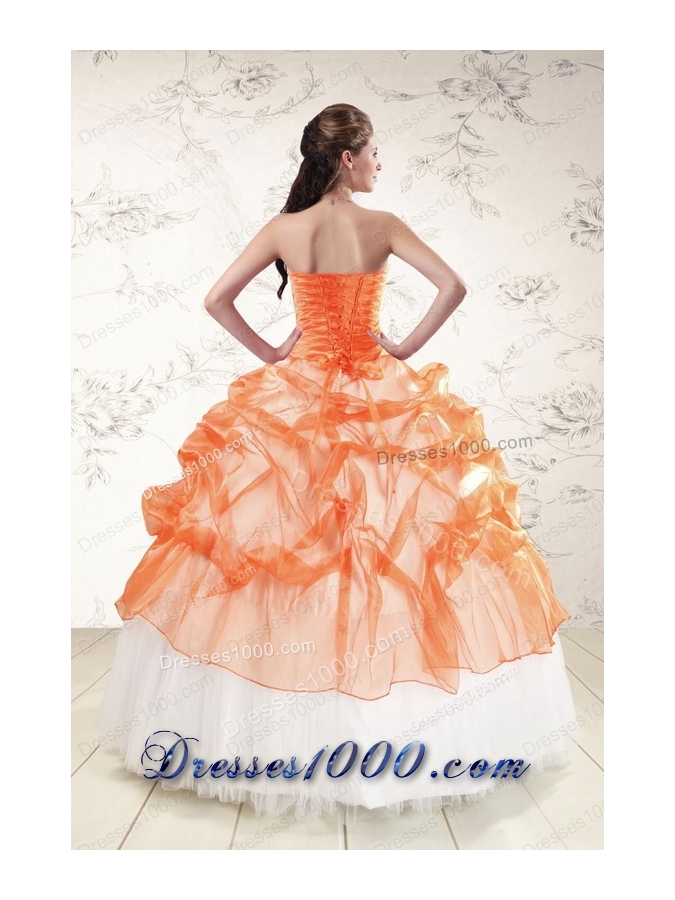2015 New Style Strapless Orange Quinceanera Dresses with Beading and Appliques