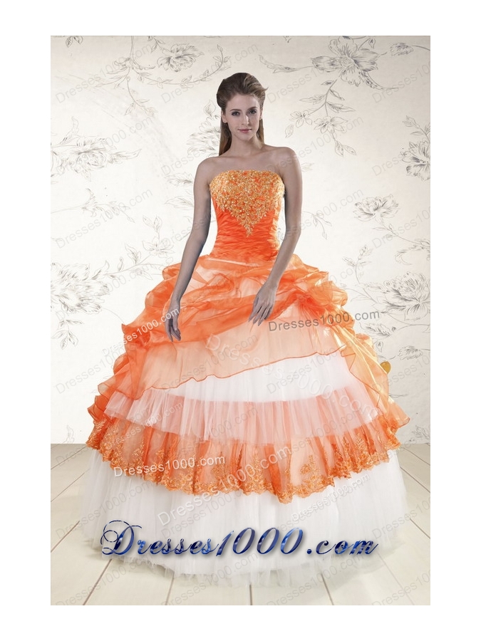 2015 New Style Strapless Orange Quinceanera Dresses with Beading and Appliques