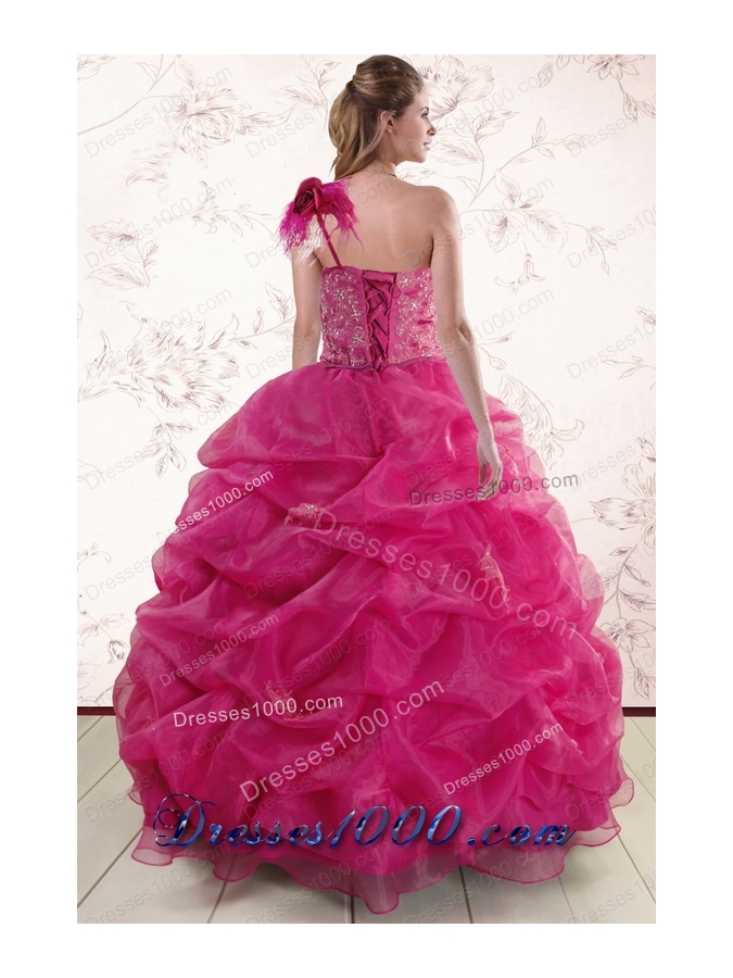 New Style One Shoulder Appliques and Pick Ups Quinceanera Dresses in Fuchsia
